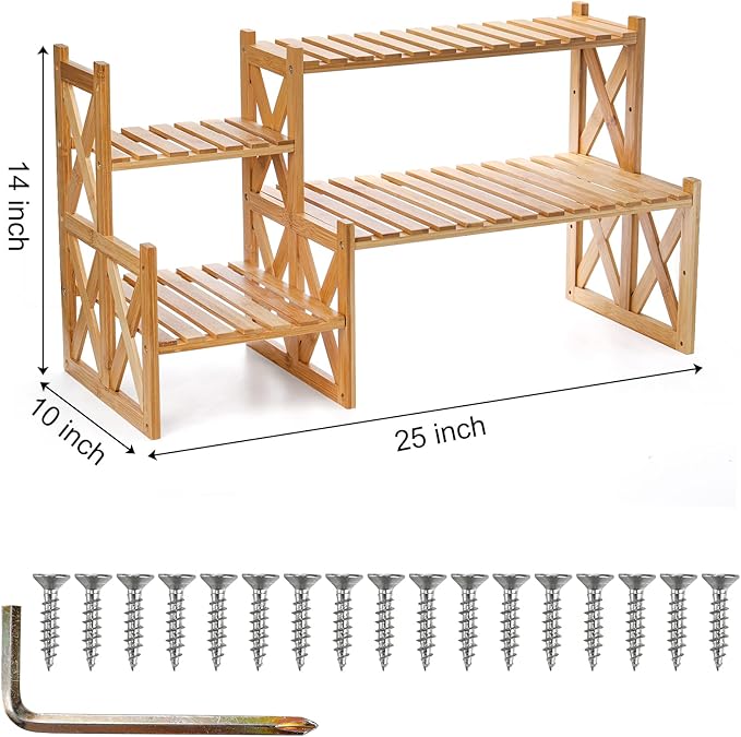 Lawei 2 Tier Bamboo Tabletop Plant Stand, Adjustable Flower Pot Holder Shelf - Image 2