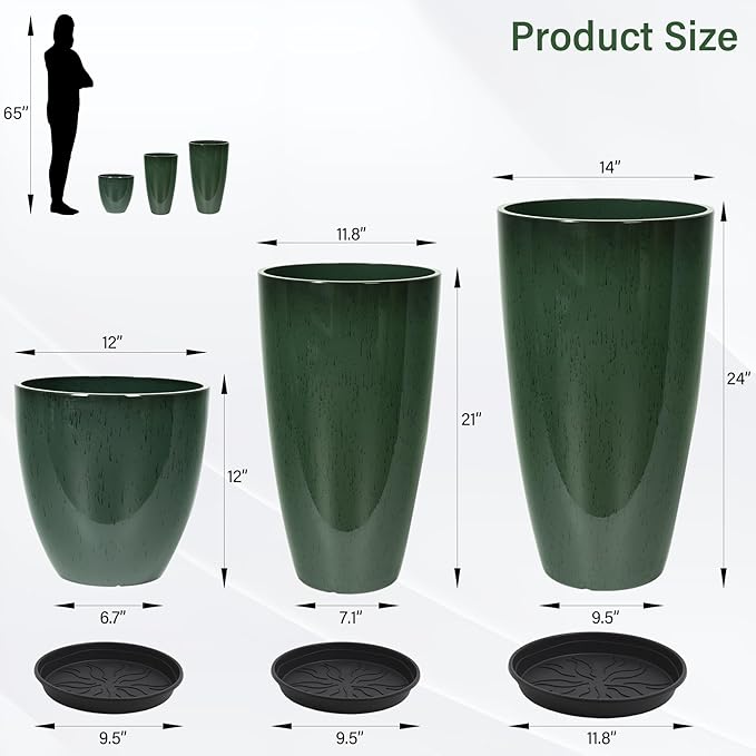 24/21/12 Inch Large Plastic Planter, Lightweight Ceramic-Look Tall Planters - Image 3