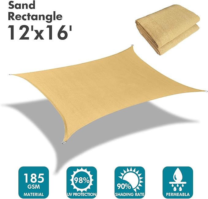 KANAGAWA Sun Shade Sail 12'x16' Sand Rectangle UV Block Canopy Awning Shelter - Image 2