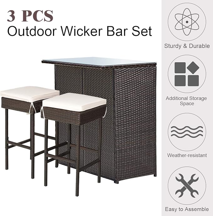 Tangkula Patio Bar Set, 3 Piece Outdoor Rattan Wicker Bar Set - Image 5