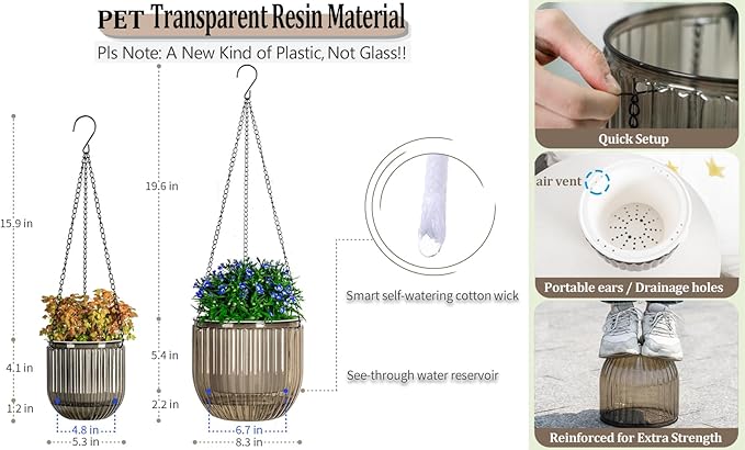 Melphoe 2 Pack Self Watering Hanging Planters Indoor Flower Pots, 5.3/8.3 Inch - Image 5