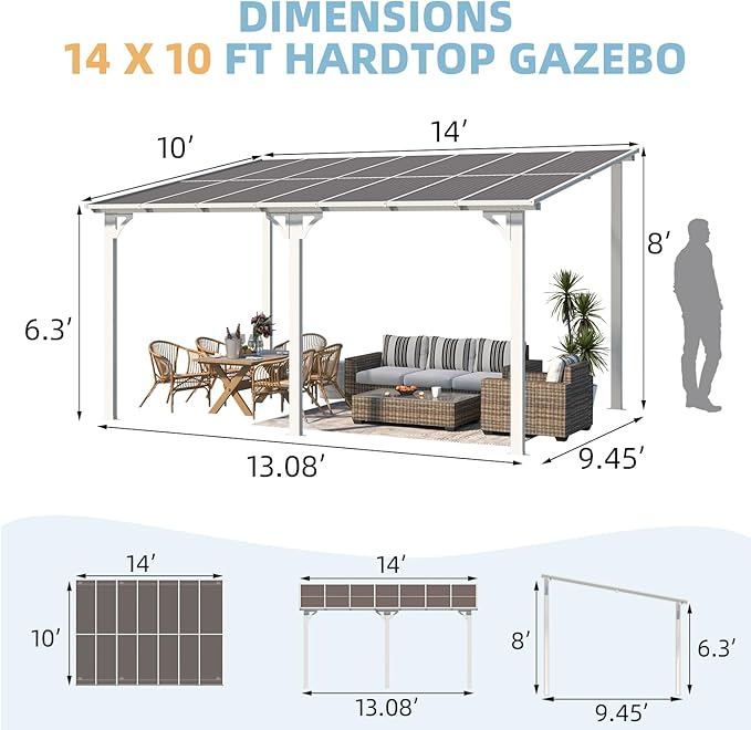 AECOJOY 14' x 10' Gazebo in White, Large Wall Mounted Gazebos on Clearance - Image 6