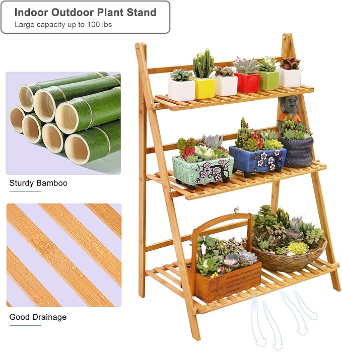 Ufine Bamboo Ladder Plant Stand 3 Tier Foldable Flower Pot Display Shelf Rack - Image 4