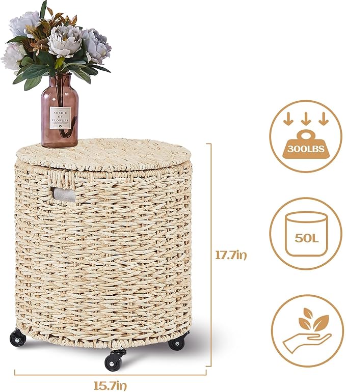 Wimarsbon Round Pouf Ottomans, Handwoven Natural Water Hyacinth Seagrass Pouffe - Image 3