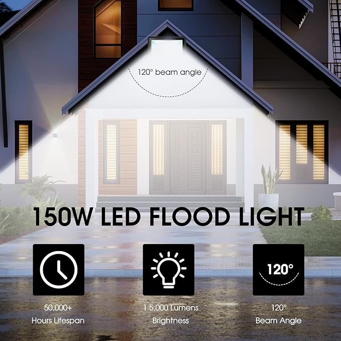 150W LED Flood Light Outdoor, 2 Pack 15500LM Super Bright Security Light - Image 5