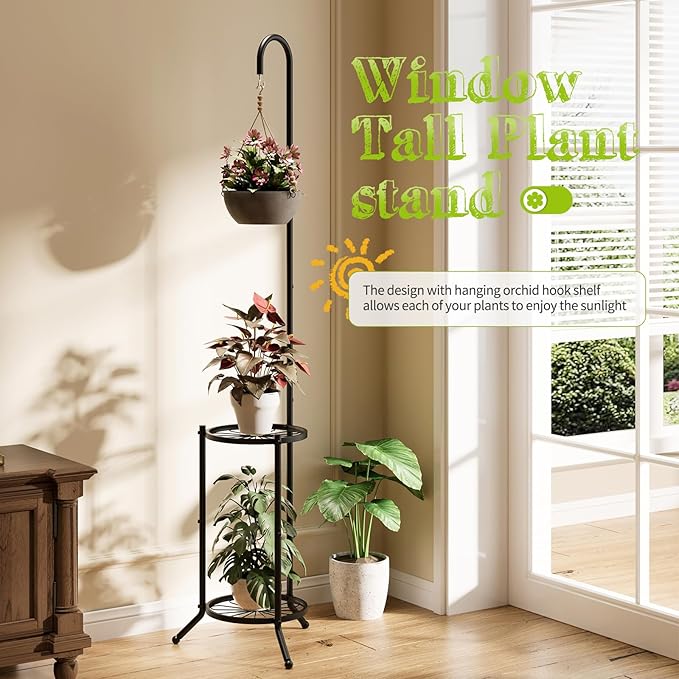 Plant Stand with Hooks Indoor Outdoor Corner Tall Plant Stand Heavy-Duty Metal - Image 3