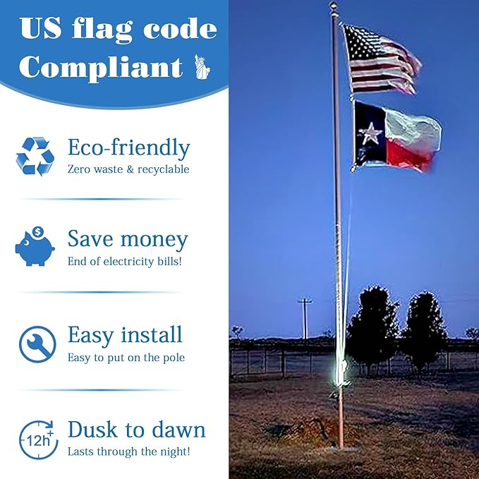Solar Flag Pole Light, 3 Super-Spotlights LEDs, Adjustable Metal Clamps Fits - Image 2