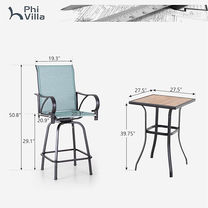 PHI VILLA 5 Piece Outdoor Bar Set, High Top Patio Bistro Bar Table and 4 - Image 9
