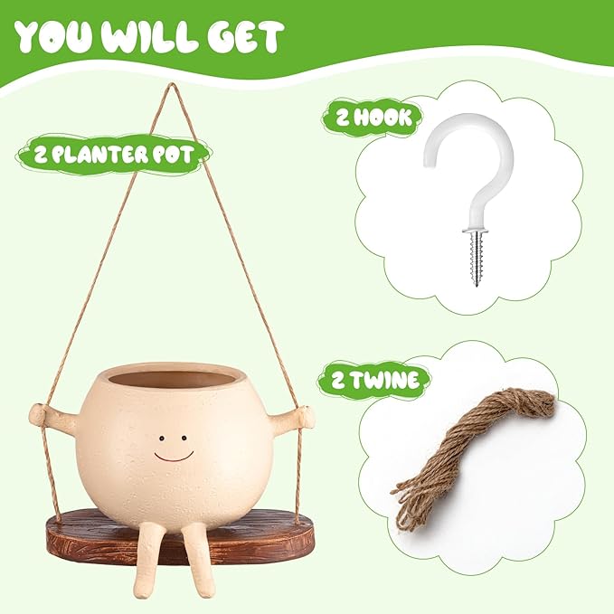 Domensi 2 Pcs Swing Hanging Planter Cute Smile Flower Face Pot Indoor Outdoor - Image 3