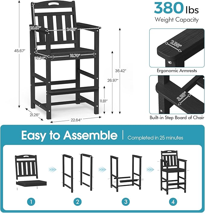 Ciokea Heavy Duty Bar Height Chair, 380lbs Outdoor Adirondack Tall Bar Chair - Image 2
