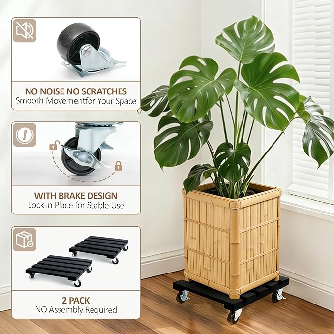 2 Pack Plant Stand with Wheels, Plant Caddies with 360° Lockable Smooth Sliding - Image 3