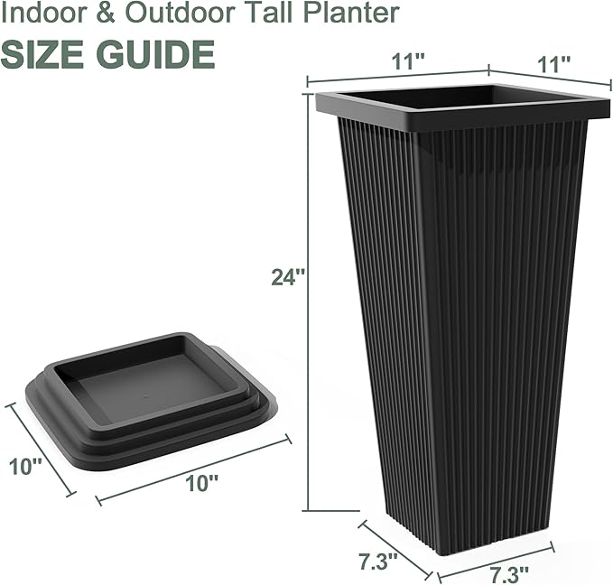 Tall Black Planters Outdoor Set of 2, Large Outdoor Tall Planters Pots - Image 2