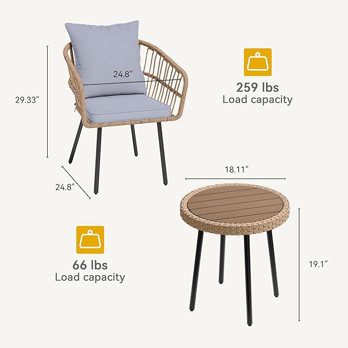 DWVO 3 Piece Patio Bistro Set, Patio Furniture Set Outdoor Wicker Bistro Rattan - Image 2