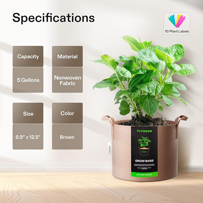 VIVOSUN 5-Pack 5 Gallons Grow Bags Heavy Duty Thickened Nonwoven Fabric Pots - Image 2