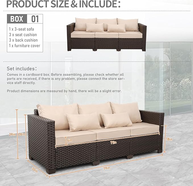 Outdoor Furniture Couch 3 Seater Sofa Outdoor Brown Wicker Sofa Deep Seat High - Image 2