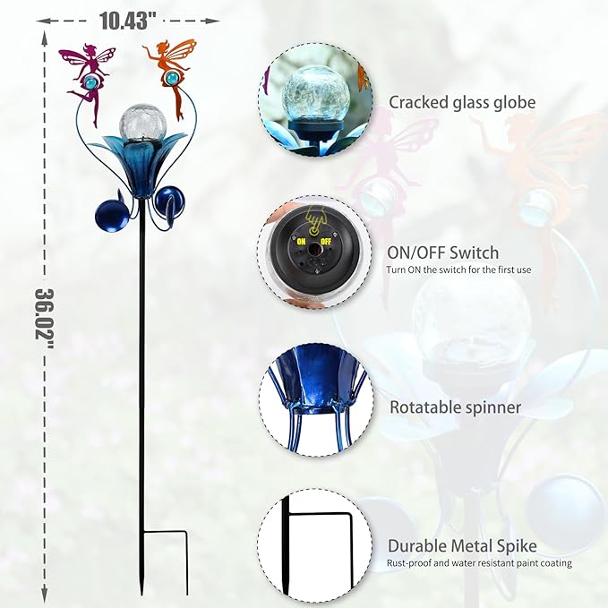 VCUTEKA Solar Lights Outdoor Metal Garden Stake Waterproof Crackle Glass Globe - Image 4