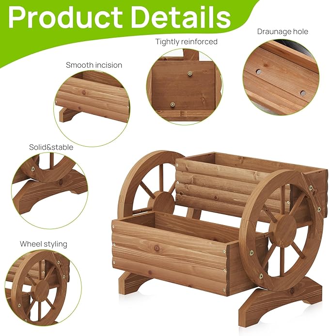 Wooden Wagon Planter Outdoor Flower Cart - Image 6