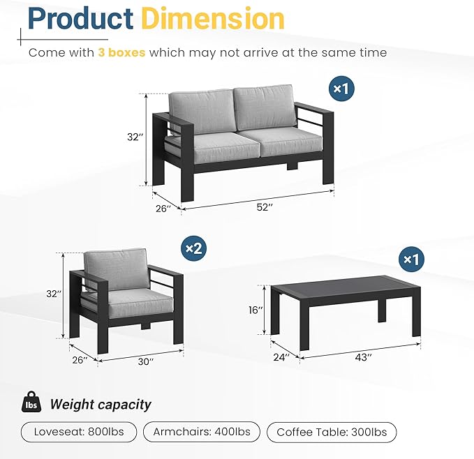 Solaste Aluminum Outdoor Patio Furniture Set, 4 Seats Patio Sectional Sofa - Image 2