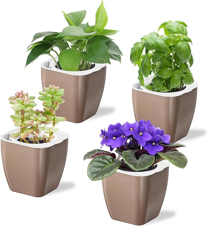 4 Pack Self Watering Pots 4-inch Decorative Flower Planters by Oliz