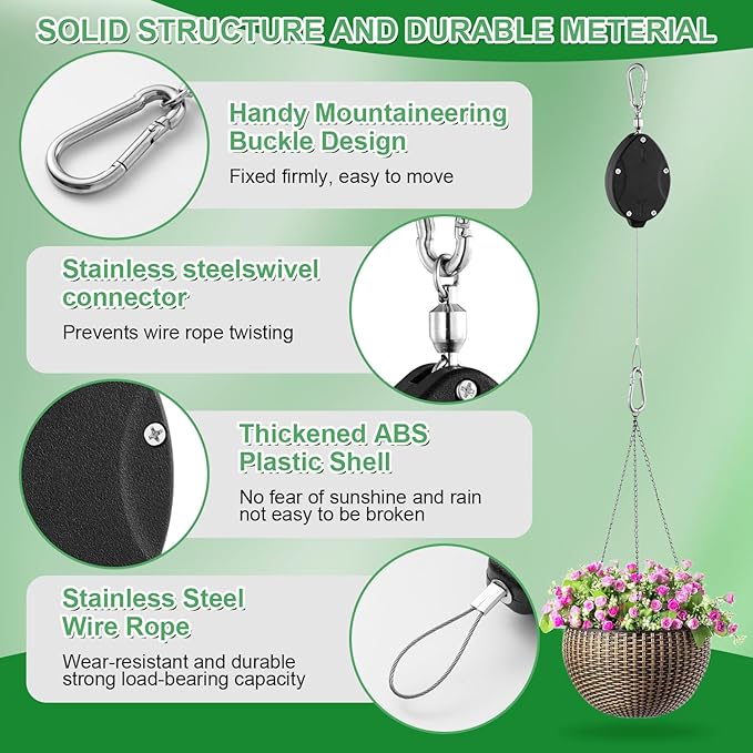 3 Pack Heavy Duty Retractable Plant Hangers Adjustable Pulleys - Image 4