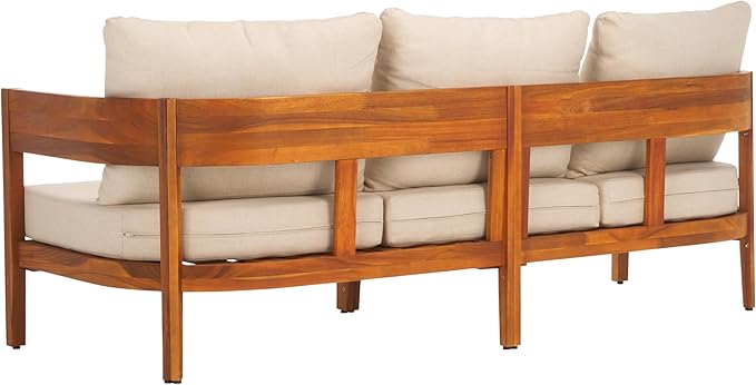 SAFAVIEH Outdoor Collection Theo Natural Teak Solid Wood/Taupe Cushion 3-Seater - Image 7