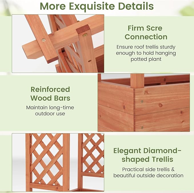 Giantex Raised Garden Bed with 2-Sided Trellis & Hanging Roof, Fir Wood Planter - Image 4