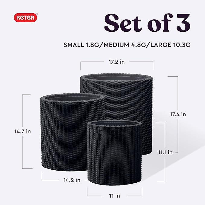 Keter Cylinder Set of 3 Rattan Resin Planter - Image 2