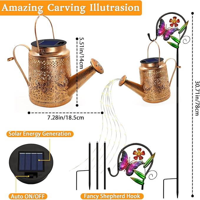 Solar Powered Butterfly Watering Can Lights Waterproof Outdoor Garden Decor - Image 2