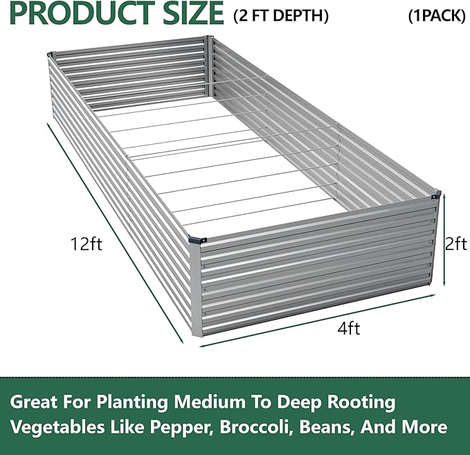 Vengarus 12x4x2FT Galvanized Raised Garden Bed Kit, Large Rectangle Elevated - Image 2