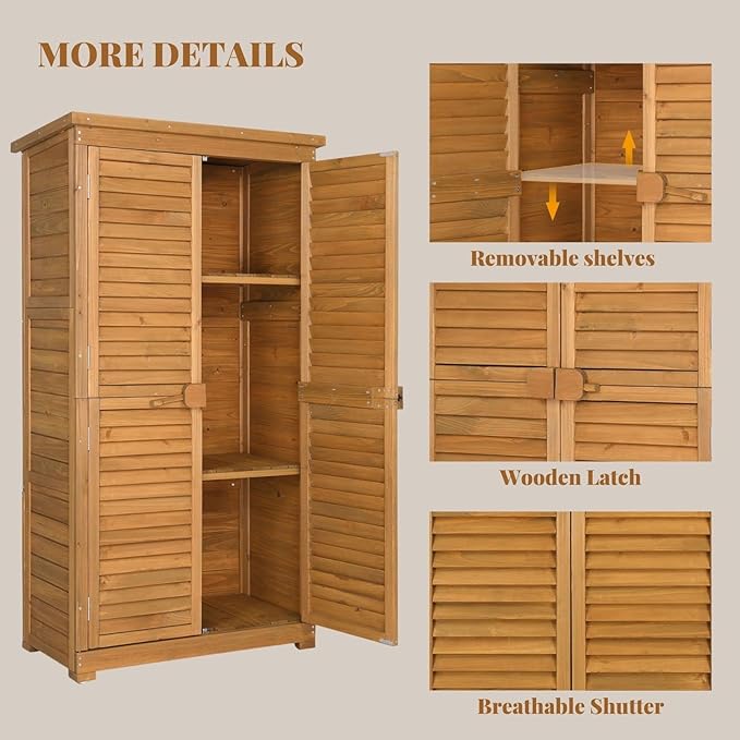 Outvita Outdoor Storage Cabinet, 63in Wooden Garden Tools Shed - Image 4