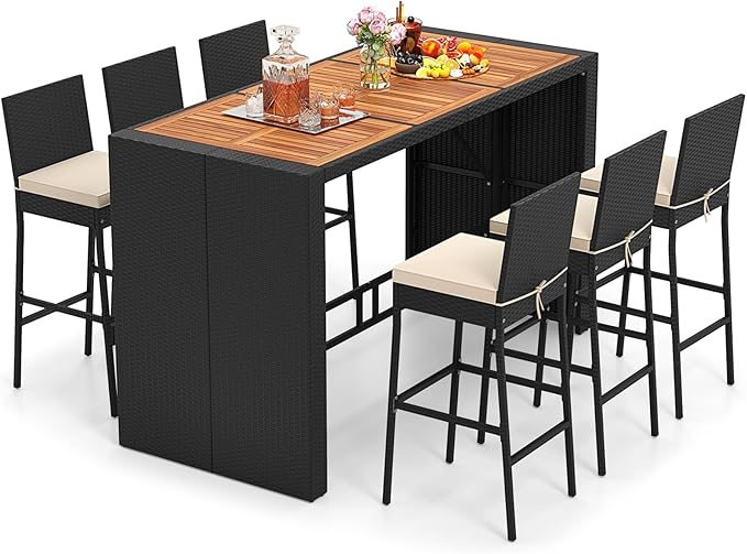 Tangkula 7 Piece Patio Wicker Bar Set, Patiojoy Outdoor Acacia Wood Bar Height by TANGKULA