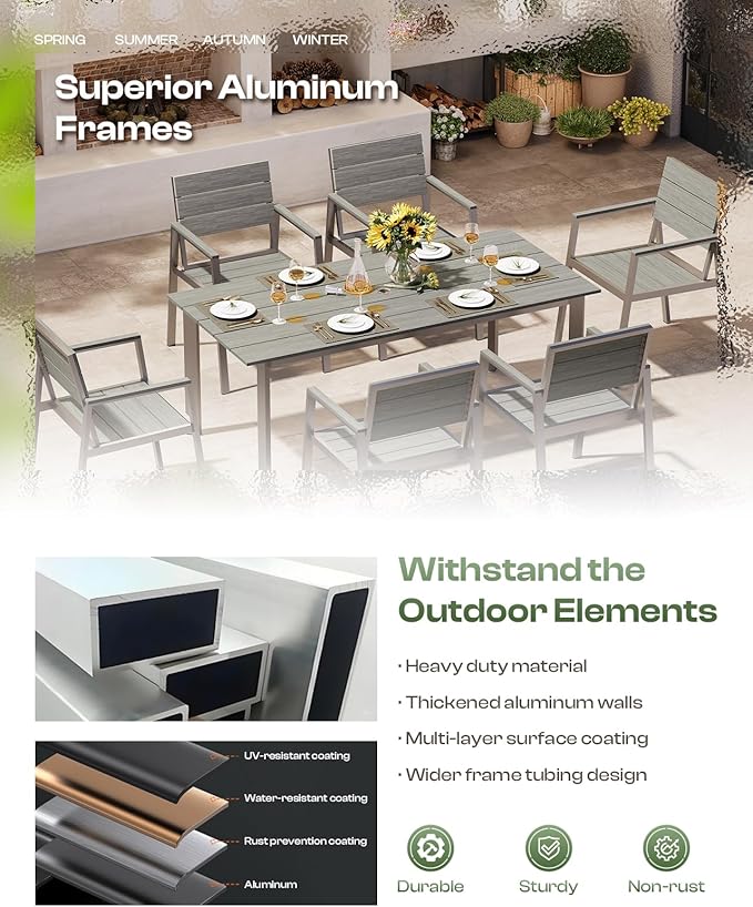 Aluminum Outdoor Dining Set for 6, Patio Table and Chairs Set - Image 5