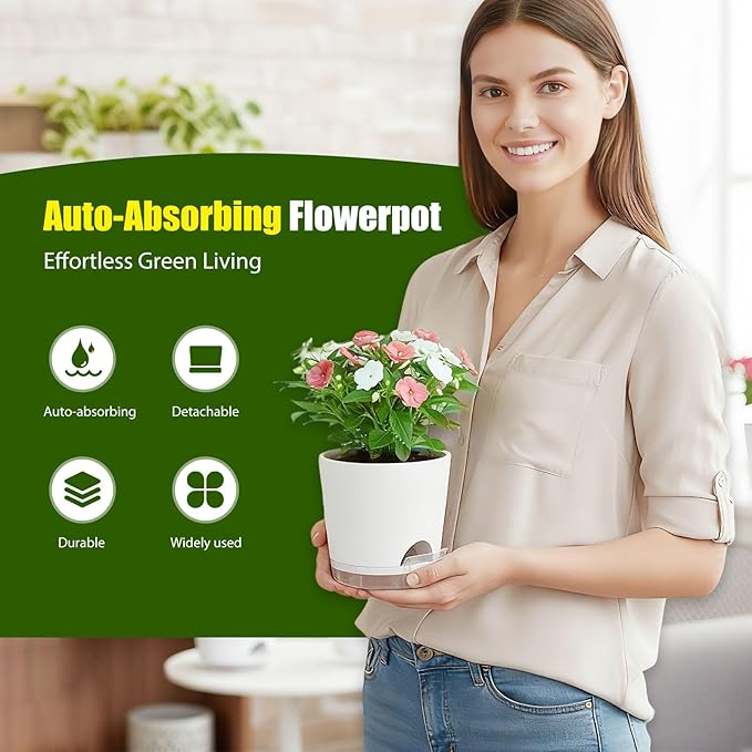 Plant Pots 6 Inch Self Watering Pots, 6 Pack Plastic Planters - Image 2