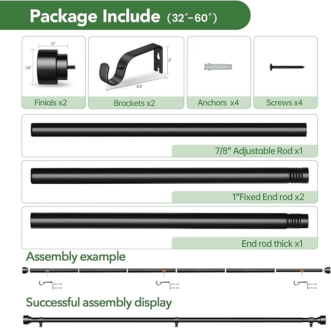 2 Pack Curtain Rods for Windows 28 to 48, 1 Inch Adjustable Black Heavy Duty - Image 6