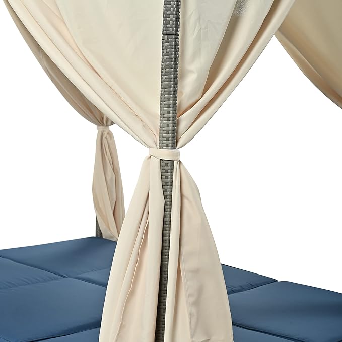 Patio Chaise Lounge, Four-sided Canopy, Overhead Curtain and Blue Cushions - Image 8