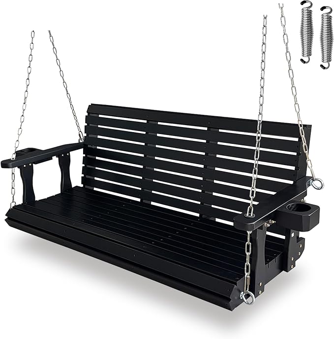 Wooden Porch Swing 3-Seater, High Backrest and Deep Seat, Bench Swing by FortuneCandy