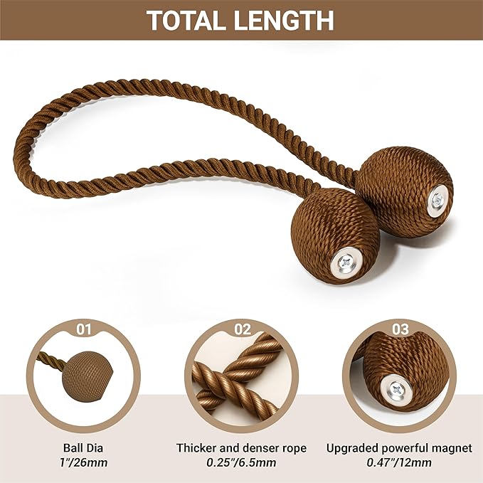 Hion Magnetic Curtain Tiebacks Dark Brown 2pcs, Curtain Tiebacks Buckles - Image 2