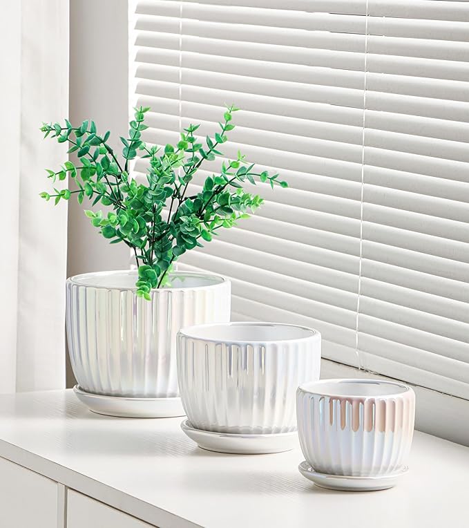 Ton Sin White Plant Pots, Pearl Gold Ceramic Flower Pots 4"+5"+6" Inch Indoor - Image 5