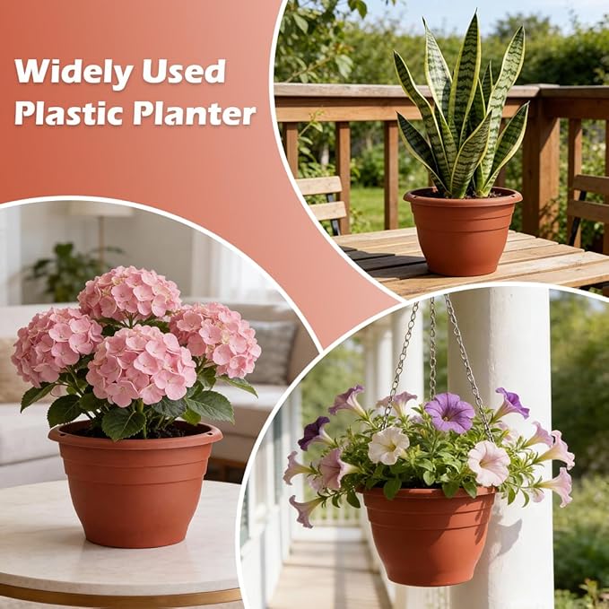 3 Pack 11 Inch Plant Pots with Drainage, Terracotta Plastic Planters - Image 3