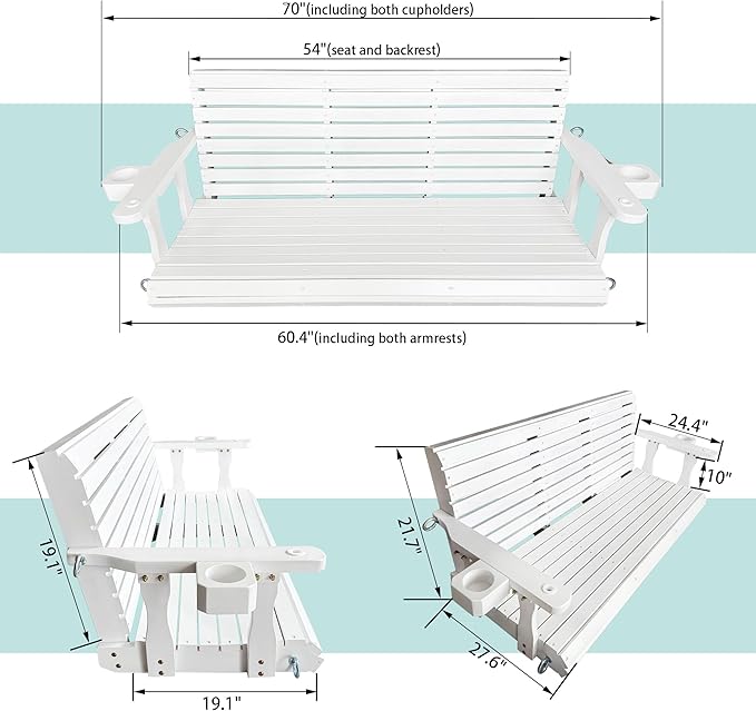 Wooden Porch Swing 3-Seater, High Backrest and Deep Seat, Bench Swing - Image 6