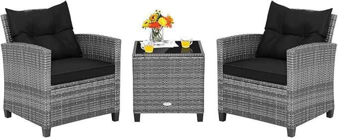 Tangkula 3 Pieces Patio Furniture Set, Outdoor PE Rattan Conversation Chair Set by TANGKULA