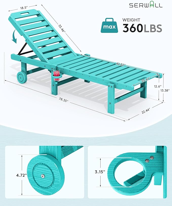 SERWALL Outdoor Chaise Lounge Set of 6, HDPE Pool Lounge Chair - Image 2