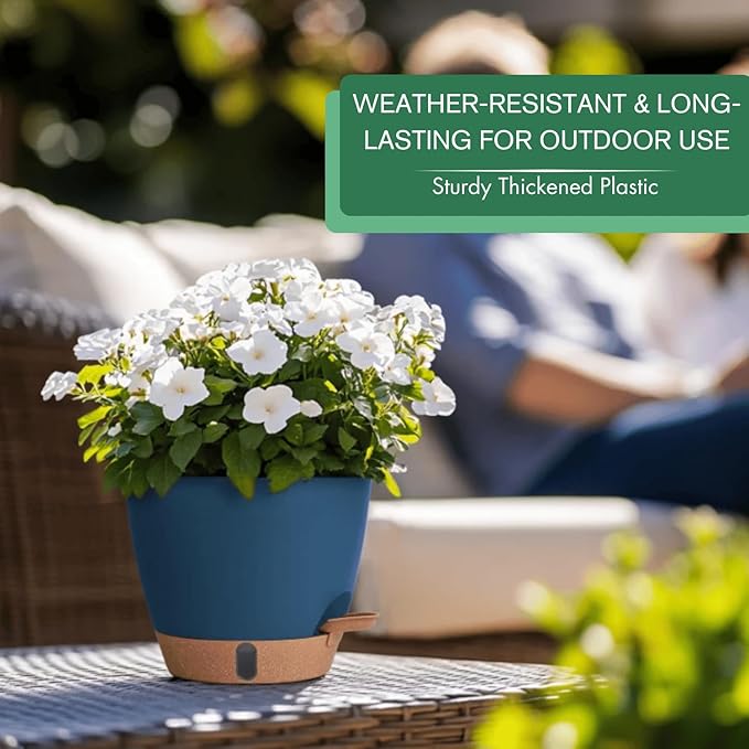 montresor 2-Pack of 8inch Self Watering Pots Blue Sturdy Plastic Flower Pot - Image 3