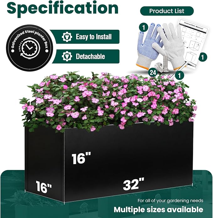 Galvanized Steel Metal Planter Rectangular Indoor 32" L x 16" W x 16" H Black - Image 2