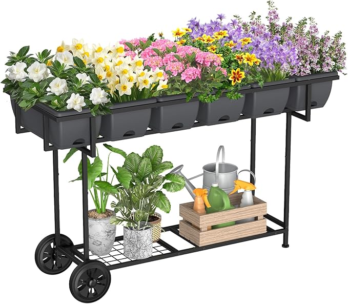 YBING Raised Garden Bed with Wheels Outdoor Elevated Planter Box Stand 6 Pocket by YBING