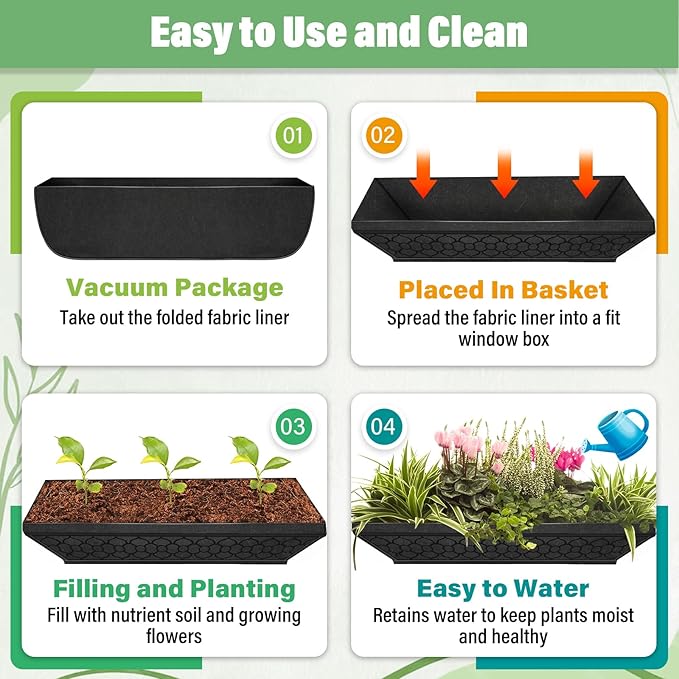 Riare 4 Pack 30 Inch Black Fabric Window Box Liners- Felt Square Trough Planter - Image 5