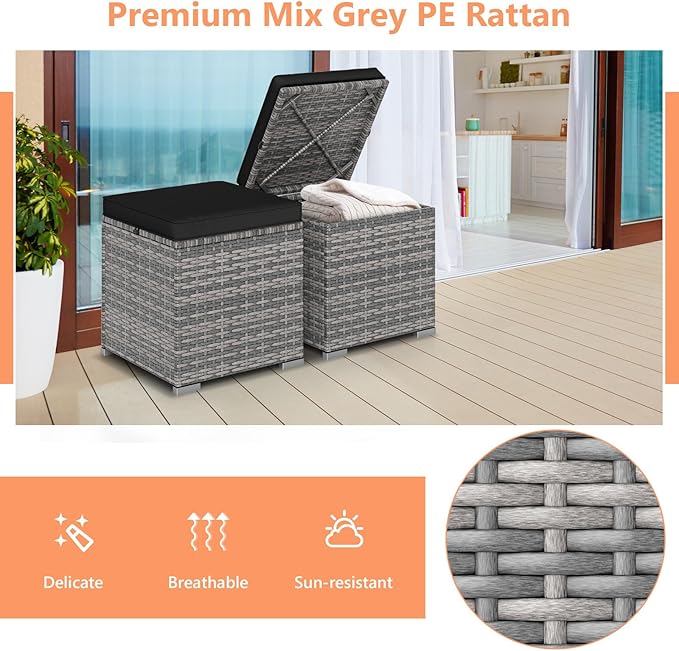 Tangkula 2 Pieces Patio Ottomans, Patiojoy Hand-Woven PE Rattan Side Table - Image 7