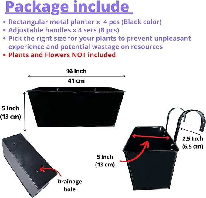 LaLaGreen Rail Planter Box Large Black Metal Hanging Flower Pots, Rectangle - Image 2