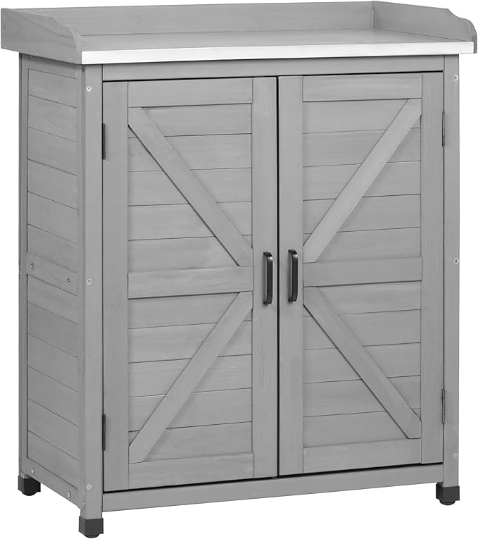 Outdoor Potting Bench with Storage Cabinet and Metal Top, Wood Workstation by Wood-Natrl