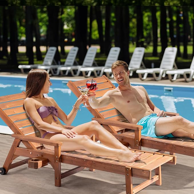 VINGLI Outdoor Chaise Lounge Chair, Wooden Patio Lounger Chair - Image 2